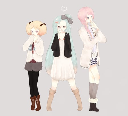 Rin Miku Luka - girls, luka, girl, hatsune, vocaloids, rin, kagamine, yellow, pink, vocaloid, blue, miku, gray