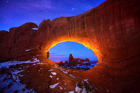 Sunset portal - sunset, blue, rock, portal, ocean, sky