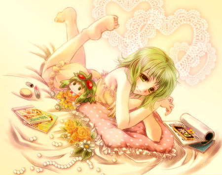 vocaloid - sleep, pink, blue eyes, gumi, colors, short hair, green hair