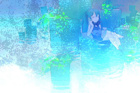 Hatsune Miku - flowers, vocaloid, white, nature, miku, blue, green, hatsune