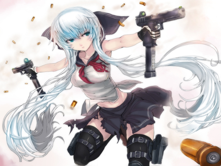 Dual Wielding - white hair, hot, anime girl, bullet, damn, out, boom, cool, torn clothes, twin tails, thigh highs, guns, weapons, school uniform, dual wielding, shot, sexy, female