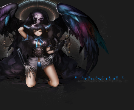 Angel of Death - female, boots, nekomimi, angel, bell, big breasts, kemonomimi, feathers wings, neko, anime girl, earrings, underboob, cool, death, angel of death, skeleton, jewelry, ring, sexy, gloves