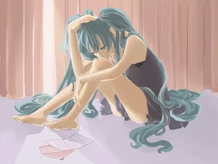 Hatsune Miku - aqua, sun, thighhighs, music, anime girl, white, art, cool, aqua eyes, artistic, hatsune miku, skirt, light, song, vocaloids, program, glow, letter, vocaloid, pink, beautiful, diva, beauty, nice, sunshine, twintail, singer, aqua hair, black, floor, virtual, pretty, idol, anime, miku, cute, love, sunlight, girl, cg, hatsune, envelope, blue, awesome, digital, outfit