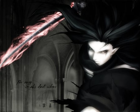 Far away in this dark silence - male, assassin, hair, black, fire, dark, game, cool, red, weapon, anime, sword