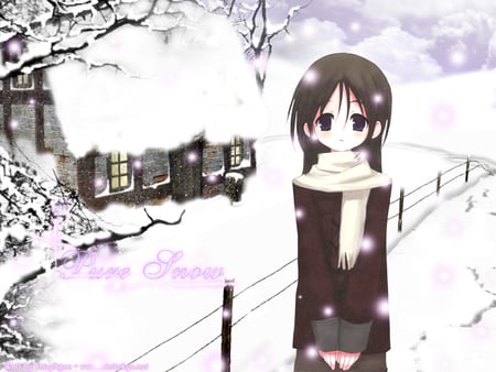 Pure Snow - girl, winter, innocent, kawai, wood, white, cold, snow, anime, house, tree, cute