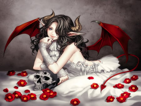 Elf Lady - skull, beauty, female, hot, anime girl, rose, cool, tail, lady, elf, bat wings, white dress, horns, elf lady, devil, mean, alone, sweet