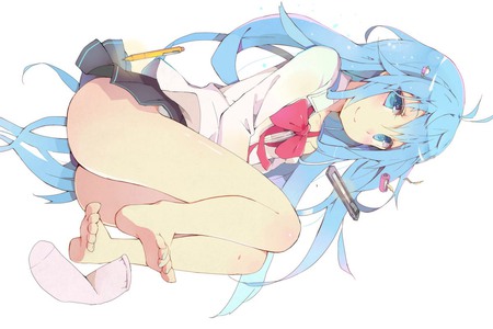 Denpa Onna To Seishun Otoko - bed, white, barefoot, touwa erio, aqua hair, long hair, uniform, blue eyes