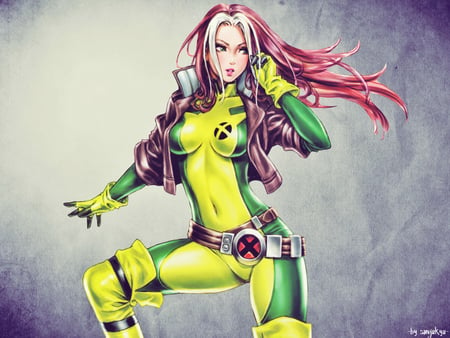 rouge (x-men) - beauty, girl, x men, anime drawn, suit, rouge, long hair, blush