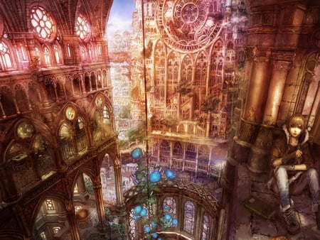 the world underneath - glass, book, glow, beauty, clock, beautiful, flowers, anime, buildings, plants, light, sun beams, windows, sun light, boy