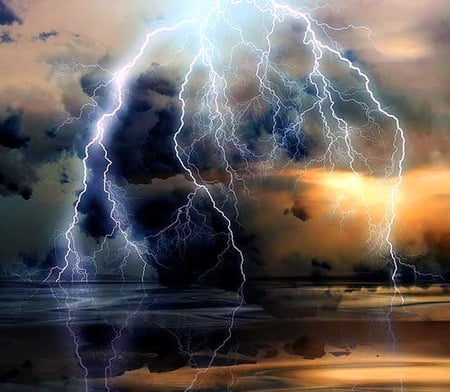 Fury - lightning, clouds, reflections, sunset, ocean