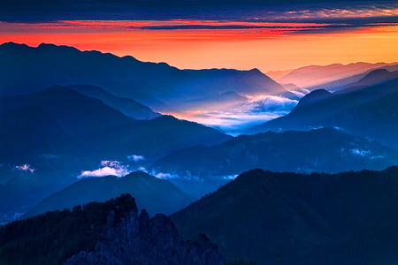 Sunset mountains - sky, clouds, hills, orange, sunset, mist