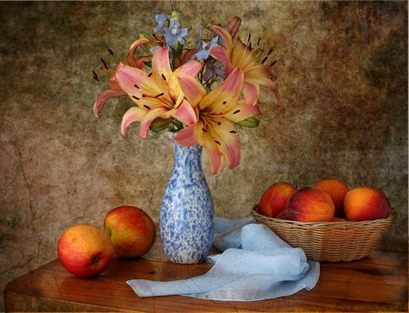 still life - pretty, lilies, photo, flowers, elegance, fruit, nice, vase, delicate, beautiful, photography, beauty, colors, lovely, cool, still life, flower, bouquet, lily, peach, harmony, colorful, scarf, apple