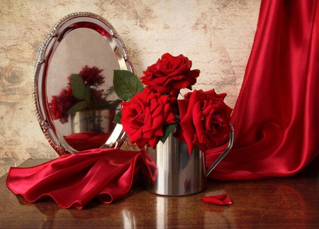 still life - pretty, roses, photo, reflection, flowers, elegance, red, nice, delicate, beautiful, photography, beauty, lovely, cool, still life, flower, bouquet, harmony, scarf, rose