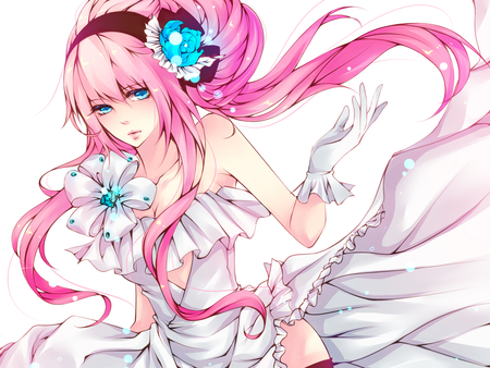 Megurine Luka - megurine, dress, long, flower, petals, pink, glove, hair, luka, white