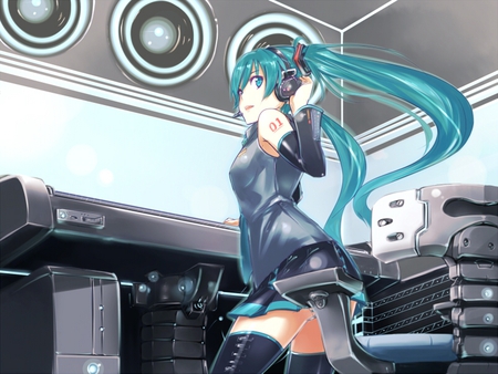 Hatsune Miku - aqua, hot, headset, thighhighs, music, studio, white, art, cool, aqua eyes, artistic, hatsune miku, sexy, skirt, song, vocaloids, program, vocaloid, beautiful, uniform, diva, beauty, nice, twintail, singer, aqua hair, black, bass, virtual, pretty, idol, anime, miku, cute, girl, cg, hatsune, microphone, headphones, anime girl cleavage, tie, awesome, digital, gray, outfit