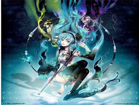 vocaloid - long hair, miku hatsune, rin, luka, blue eyes, colors