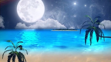 BLUE OCEAN MOON - moon, sky, stars, ocean, palm trees, night, reflection, clouds, blue, island