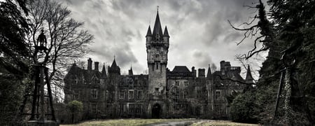 Castle of Dark Dreams (Dual Monitor) - tower, monitor, dual, clouds, gothic, dark, castle, trees