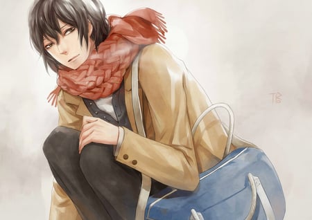 Anime guy - bag, overcoat, black hair, cute