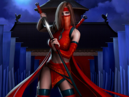 Red Ninja - moon, red ninja, female, warrior, sword, night, ninja, waring, lady, mask, kill you, sexy pose, katana, thigh highs, sexy