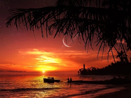 Summer wave - beach, fishing, water, sunset, yellow, orange, tree, boat, moon, lake, peace, night, lovely, wave, nature, red, sea