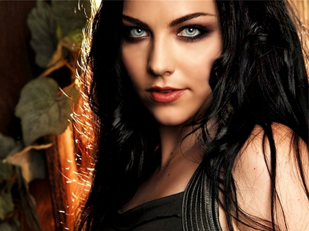 Amy Lee - black, evanescence, rock, gothic, green eyes, long hair, amy lee, leaves