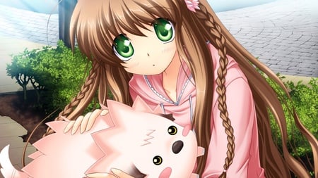 Cute face - anime, yellow, brown, girl, eyes, dog, long, blush, hair, kawai, animal, green, cute, character, raids, game cg