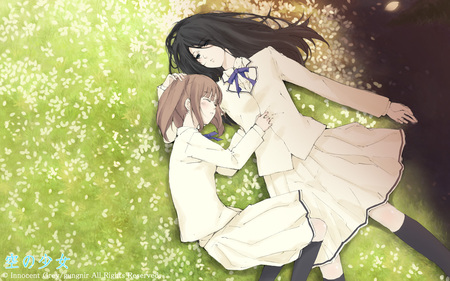 Kara no Shoujo - bed, long hair, black hair, 2girls, brown hair, uniform, flowers, blush, short hair, dress