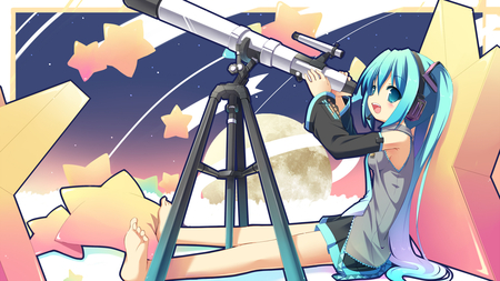 Hatsune Miku - outfit, virtual, shooting stars, blush, miku, digital, vocaloids, song, uniform, singer, diol, cool, awesome, vocaloid, thighhighs, anime, twintail, cg, clouds, skirt, aqua hair, hatsune, black, cute, beautiful, girl, anime girl, white, program, aqua eyes, artistic, pretty, aqua, beauty, telescope, art, diva, sky, nice, tie, moon, orange, music, hatsune miku