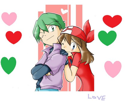 mayXdrew - may, drew, pokemon, red, green, love, pink, hearts