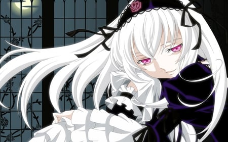 Anime - red eyes, at night, black dress, anime, cute anime, anime girl, silver hair, rozen maiden