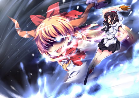 Touhou - shameimaru aya, anime, blond hair, fang, horns, 2girls, touhou, ibuki suika, fight