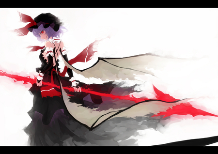 Touhou - hat, anime, dress, girl, red eyes, white, touhou, wepon, wings, spear, remilia scarlet, purple hair, gloves