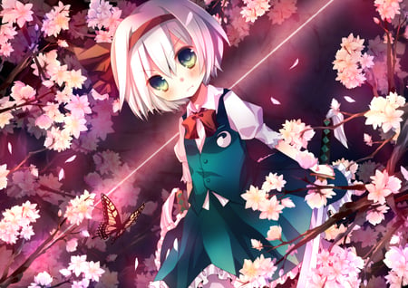 Touhou - branches, konpaku youmu, wepon, girl, touhou, butterfly, katana, anime, blush, sword