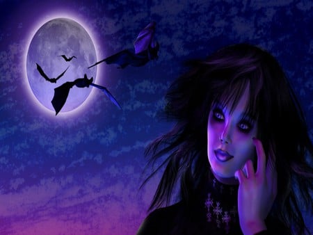 GOTH IN THE PURPLE MOON LIGHT - moon, purple, girl, beauty, gothic, light