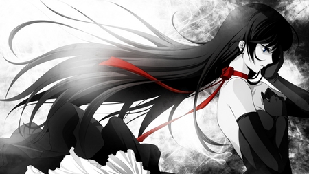 Red Ascot - sexy anime, anime blue eyes, anime, beautiful woman, red ascot, anime black hair, black dress