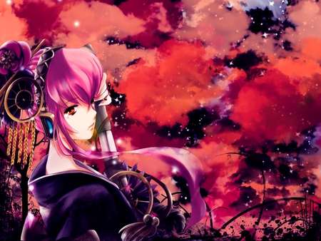 Megurine Luka - pretty, artistic, swordsman, pink, luka, guitar, headphones, nice, program, hot, megurine, sword, beauty, kimono, virtual, cg, white, megurine luka, cute, aqua eyes, song, sexy, vocaloid, anime, microphone, music, aqua, red, katana, pink hair, art, sky, idol, clouds, anime girl, trees, beautiful, singer, girl, cool, black, awesome, diva, digital, vocaloids, headset