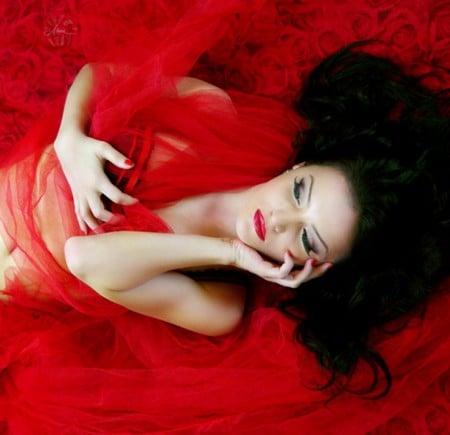 Woman In Red - woman, people, female, red, beautiful, black hair, model