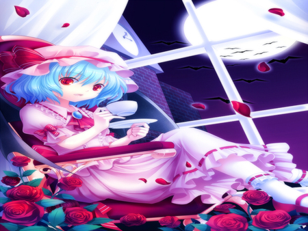 Remilia Scarlet - alone, rose, cute, hot, anime girl, cup, cherry blossom, tea, heart, remilia scarlet, touhou, drink, sweet, window, night, sitting, moon, female