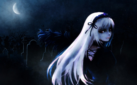 Queen of the Dead - moon, sad, night, black, gothic, rozen maiden, cross, suigintou, dead, alone, dark, no fear, queen of the dead, fear, white hair