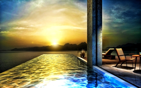 POOL AT SUNSET - swimming pool, ocean, mountain, vases, chairs, sunset, structure