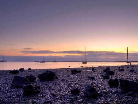 Purple sunset - ocean, beach, sun, peace, water, sunset, nature, ship, purple, clouds, rock, boat