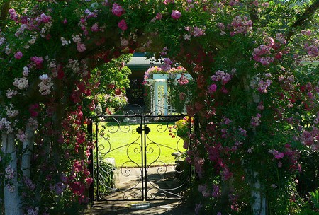 secret garden - arbor, garden, roses, arch, secret, flowers, house, nature