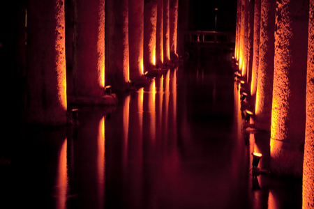 Passage... - shadows, corridor, passage, columns, fire, black, coridor, abstract, reflection, 3d, orange