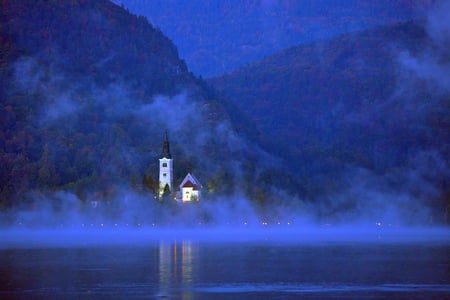 Just beautiful blue - silence, magic, blue, amazing, landscape, night, forest, magical, reflection, church, sky, water, fog, special, beautiful, peacefull, beauty, nature, tranquility, lights, background, lakes, mountains