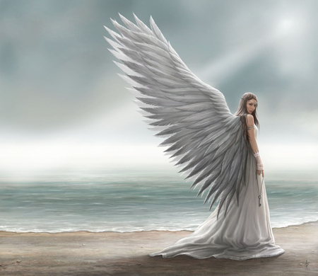 White Angel - pretty, key, female, wing, soul, digital art, girl, alone, beauty, angel, cg, fantasy, white, goddess, hd, art