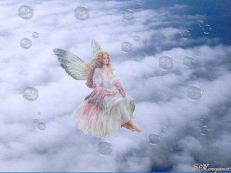 Floating - sky, soft, wings, bubbles, fantasy, abstract, pink, clouds, fairy