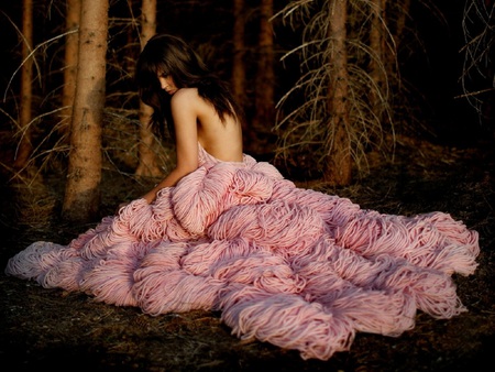 Girl in Extravagant Pink Dress - woman, skin, people, trees, photography, elegant, fantasy, figure, forrest, girl, fashion, models female, gown, abstract, pink, beautiful, dress