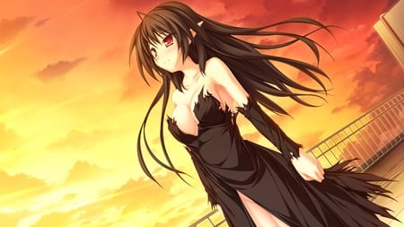 Sunset - sexy, red, anime, sunset, black, cg, elv