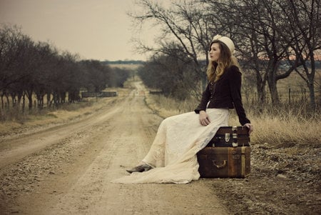 Melancholy - beautiful, road, dress, alone, black, white, sad, picture, woman, melancholy